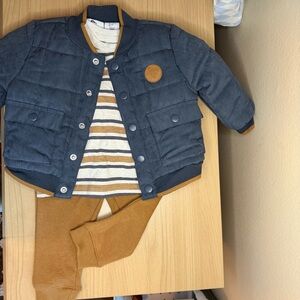 NWOT 3 Piece Tommy Bahamas Boys Coat/Shirt/Jogger 9-12Mo Stripes Tan Blue White